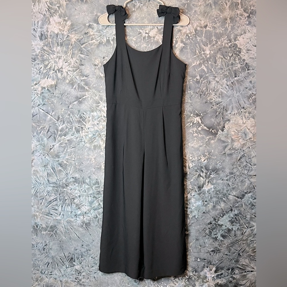 LOFT Black sleeveless jumpsuit cropped wide flowy leg shoulder bow detail 2